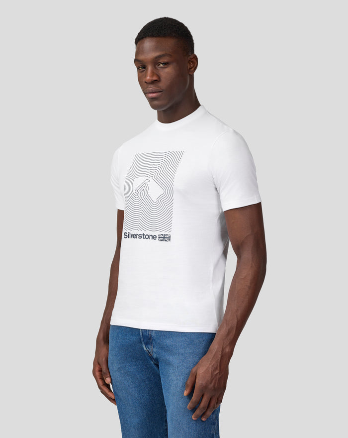 Front view of white Silverstone Core T-Shirt with geometric line graphic and logo