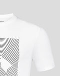 Close up of white Silverstone Core T Shirt front graphic featuring bold circular line design