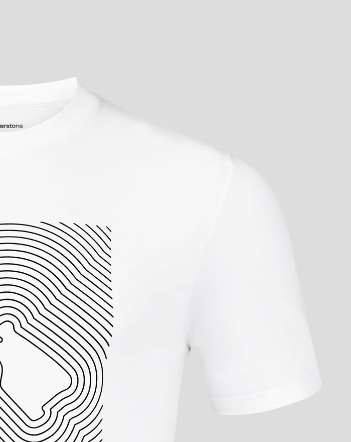 Close up of white Silverstone Core T Shirt front graphic featuring bold circular line design
