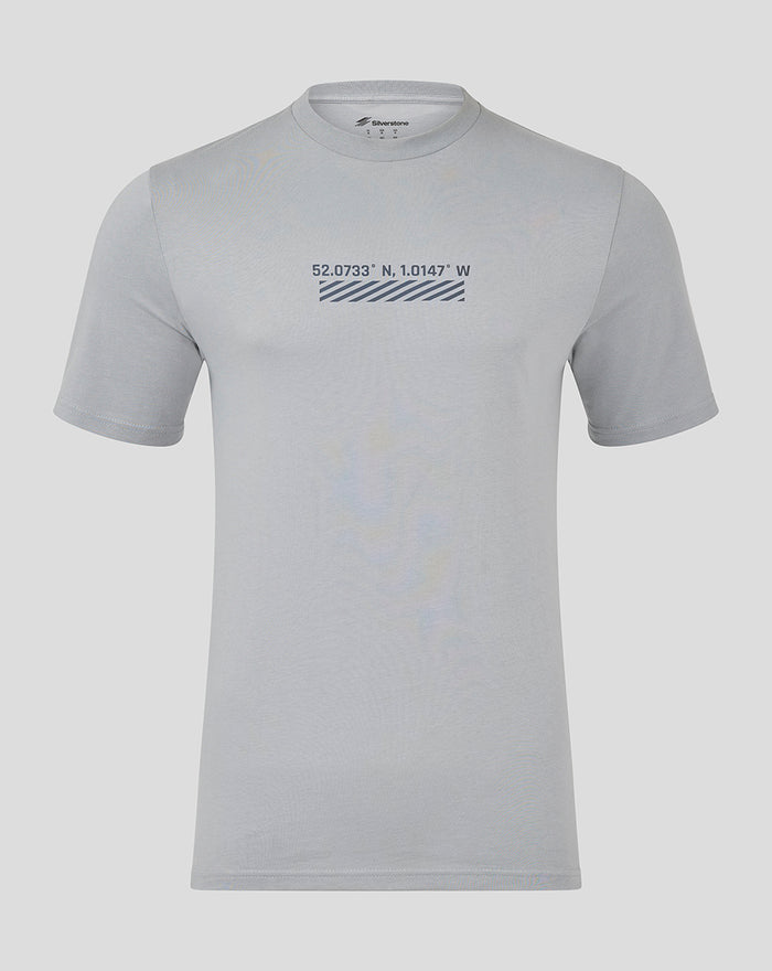 Front view of light gray Silverstone Core T Shirt with coordinates and striped chest graphic
