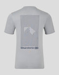 Back view of light gray Core T Shirt with large concentric line graphic and Silverstone logo with Union Jack