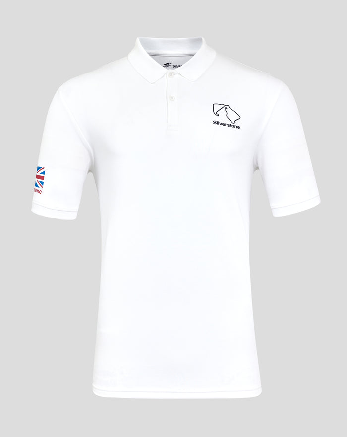 White Silverstone Core polo shirt with left chest logo and a British flag patch on the left sleeve
