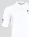 Close up of collar and chest area on white polo shirt with Silverstone logo