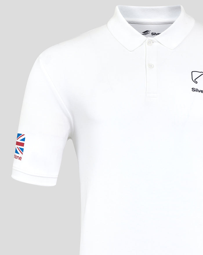 Close up of collar and chest area on white polo shirt with Silverstone logo