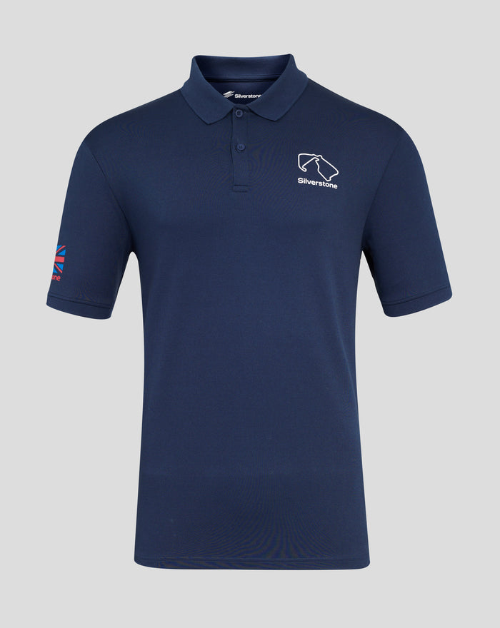 Front view of navy Silverstone Unisex Core Polo Shirt with white logo on chest