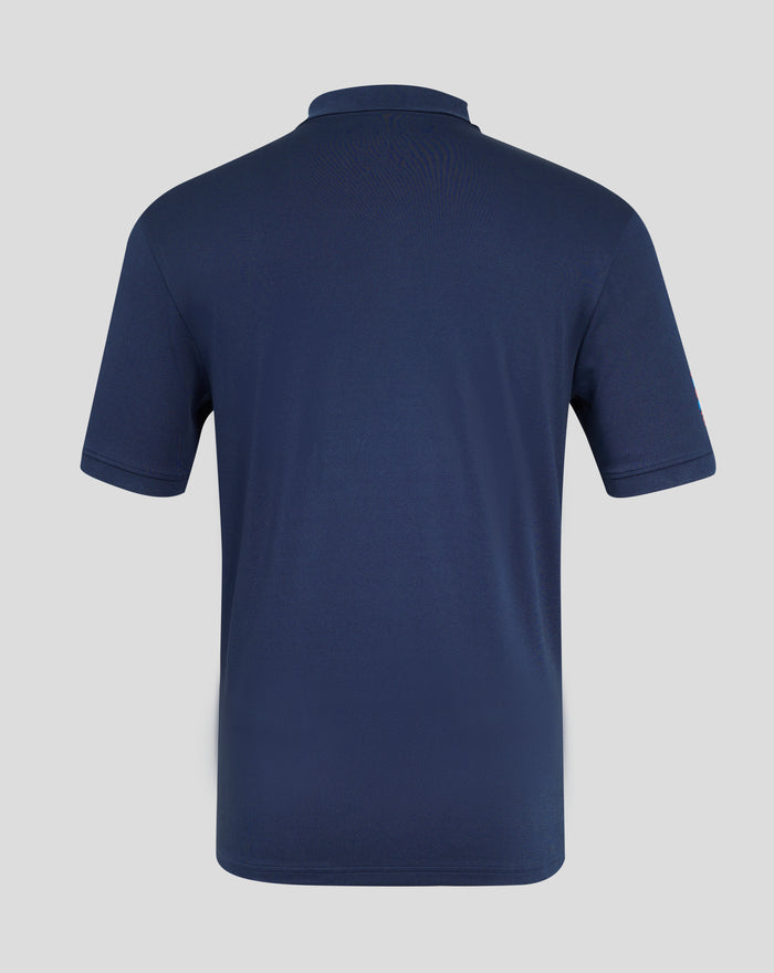 Back view of navy Silverstone Unisex Core Polo Shirt showing collar