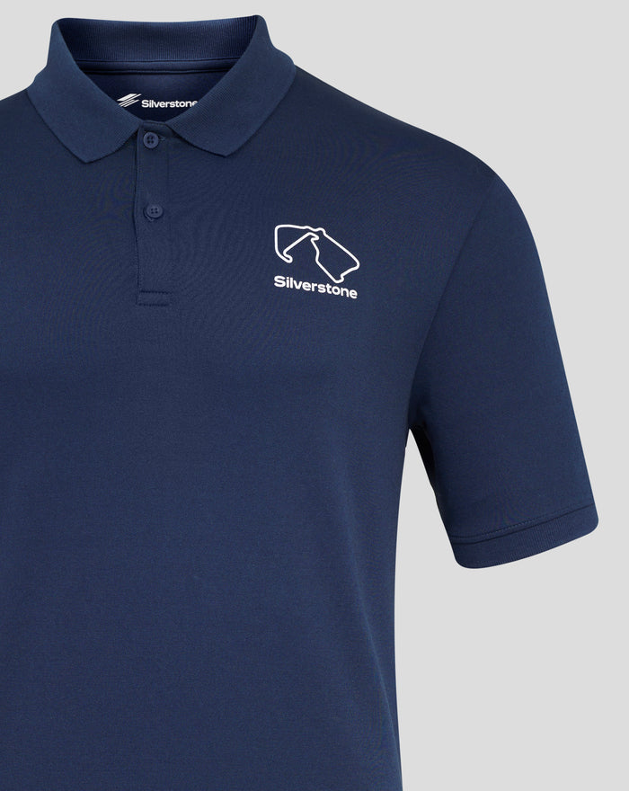 Front view of navy Silverstone Core polo with collar and left chest logo