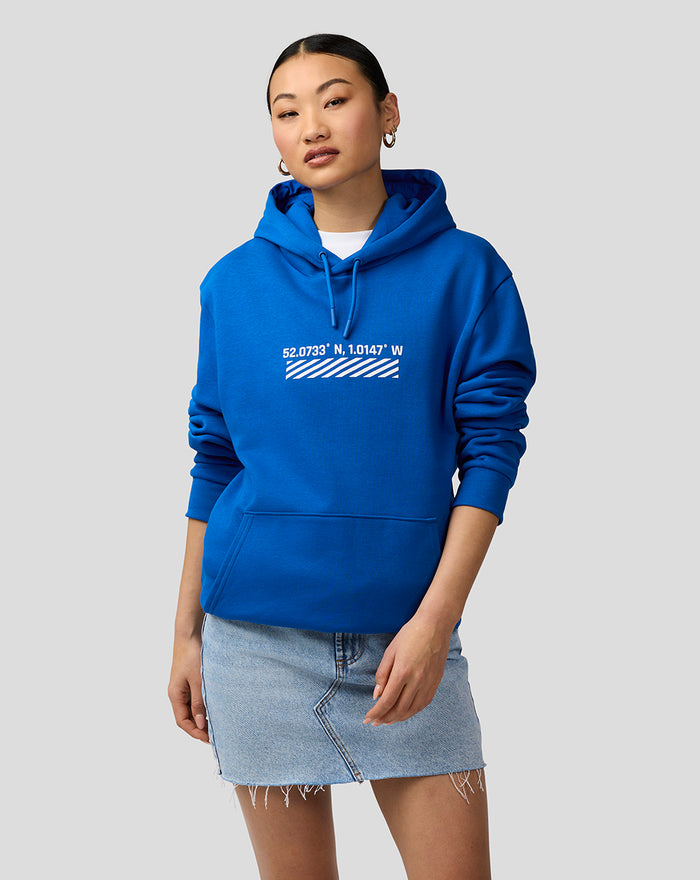 Blue Silverstone unisex core hoodie with coordinates graphic on the chest and a front pocket