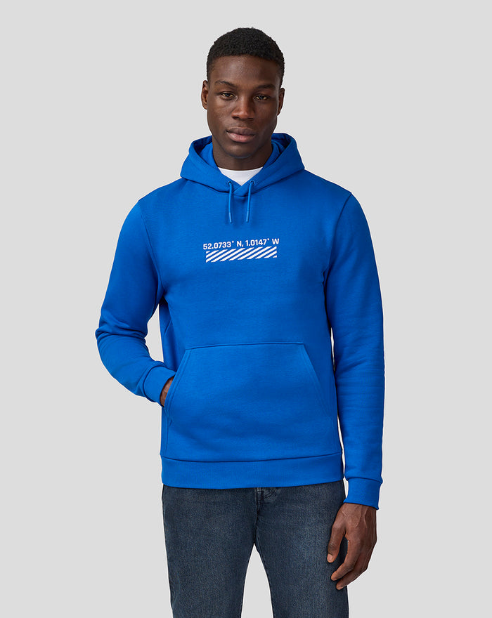 Blue Silverstone unisex core hoodie worn by a male model with front pocket and drawstrings