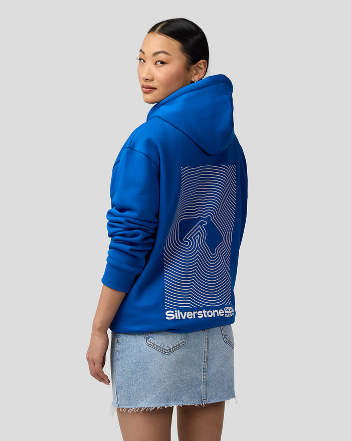 Back view of blue Silverstone Core Hoodie with a large white graphic and logo on the back
