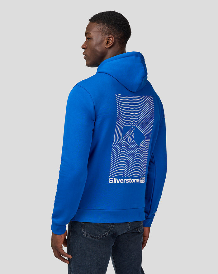 Back view of blue Silverstone unisex core hoodie featuring a large white wave graphic and logo