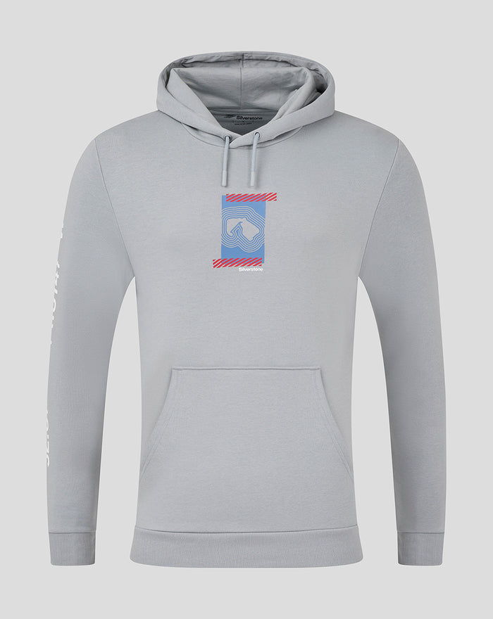 Front view of light gray Silverstone Core Hoodie with a blue graphic on the chest