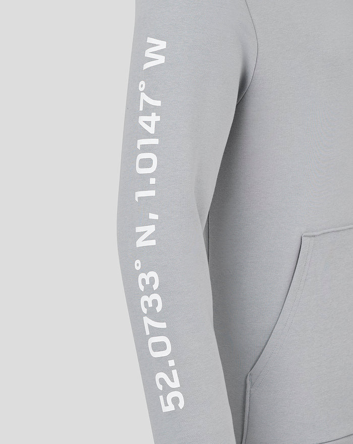 Left sleeve displays vertical white coordinate numbers on a light grey Silverstone hoodie