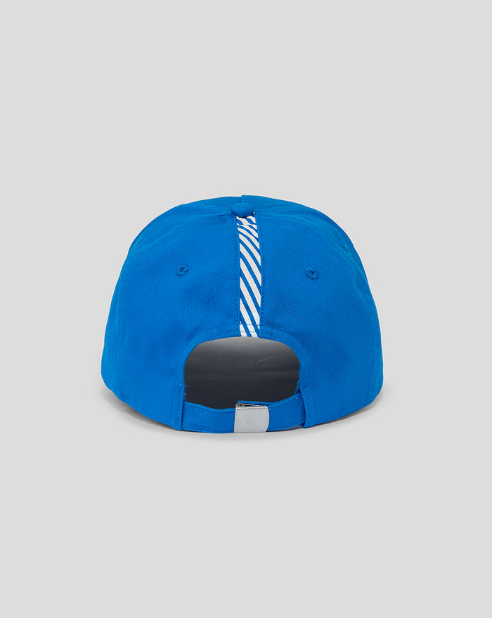Blue cap viewed from the back with an adjustable strap and a white striped center seam.