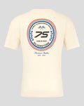 Back view of pale yellow oversized T-Shirt displaying a large circular Silverstone 75 Years logo.