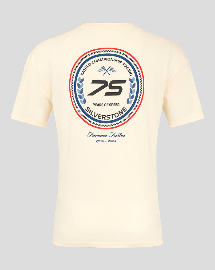 Back view of pale yellow oversized T-Shirt displaying a large circular Silverstone 75 Years logo.