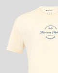 Neck area of a cream oversized Silverstone T-shirt showing the rib collar and internal label