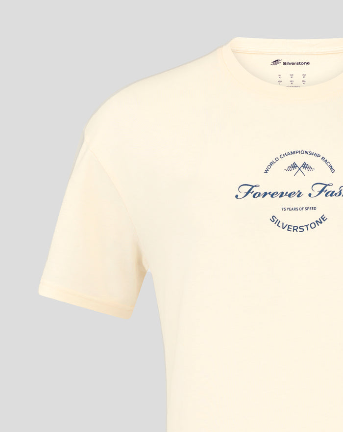 Neck area of a cream oversized Silverstone T-shirt showing the rib collar and internal label