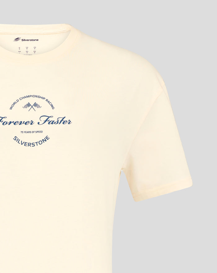 Cream oversized Silverstone T-shirt close-up at the shoulder and neckline against a gray background
