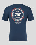 Back view of navy Sargasso Sea Blue Silverstone 75 Years oversized T shirt featuring a large circular back graphic.
