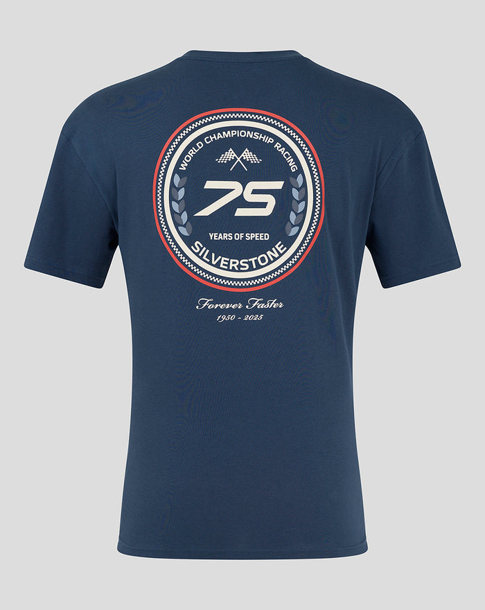 Back view of navy Sargasso Sea Blue Silverstone 75 Years oversized T shirt featuring a large circular back graphic.