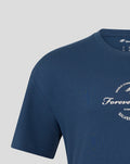 Front close-up of the navy Sargasso Sea Blue Silverstone oversized T shirt showing Forever Faster script and partial logo.