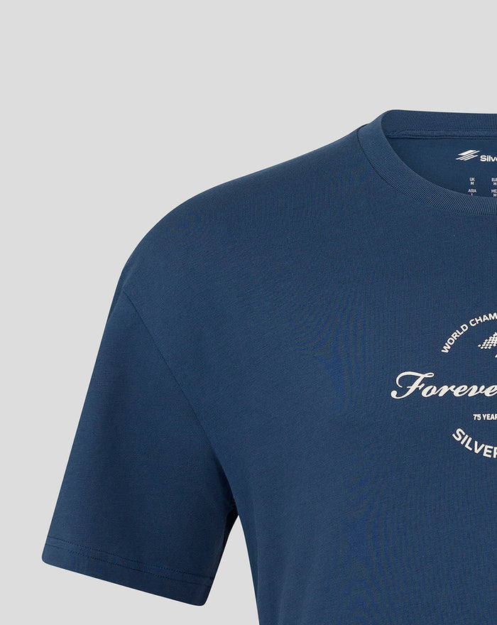 Front close-up of the navy Sargasso Sea Blue Silverstone oversized T shirt showing Forever Faster script and partial logo.