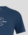 Close-up of the shoulder on the navy Sargasso Sea Blue Silverstone oversized T shirt with part of the circular graphic visible.