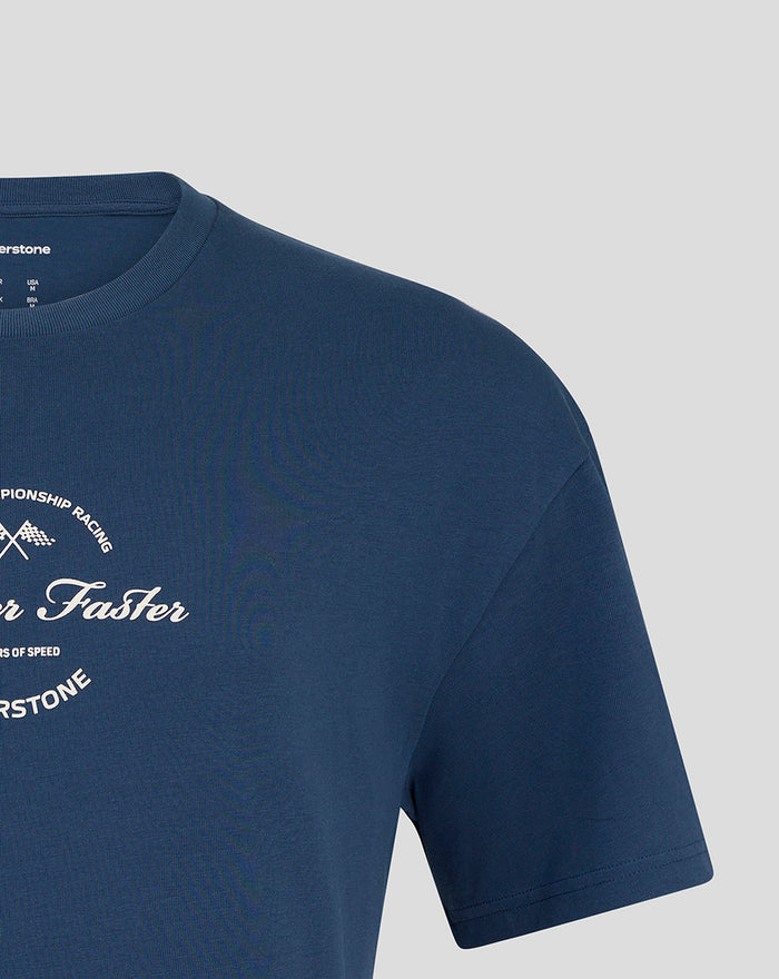 Close-up of the shoulder on the navy Sargasso Sea Blue Silverstone oversized T shirt with part of the circular graphic visible.