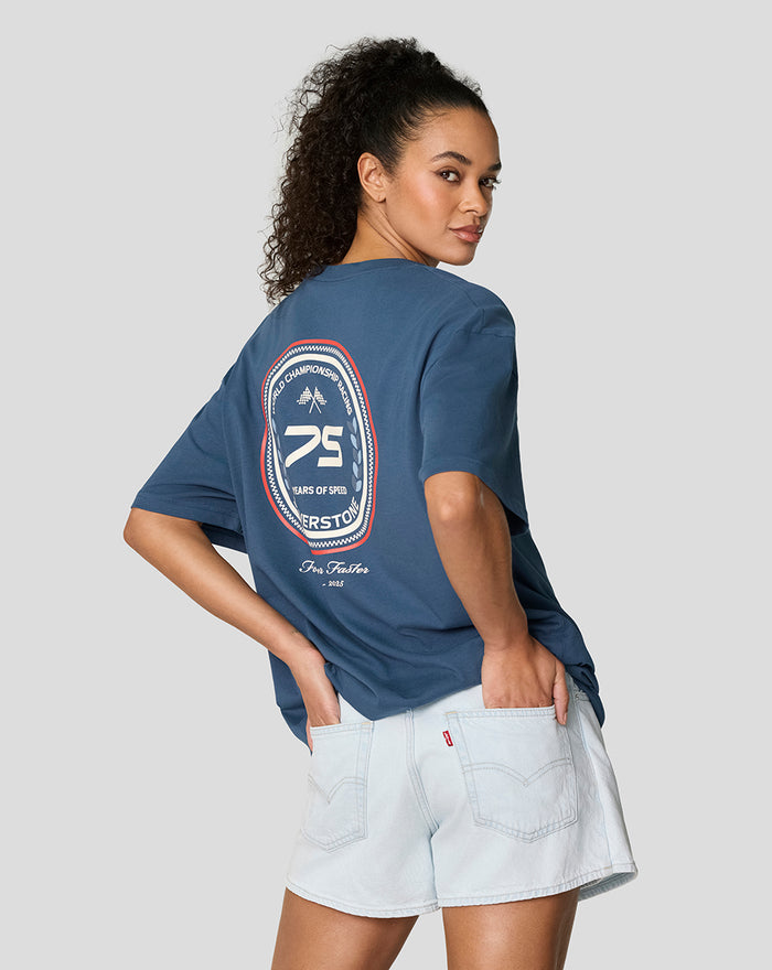 Back view of a blue Sargasso Sea oversized T-shirt featuring a large circular logo on the back.