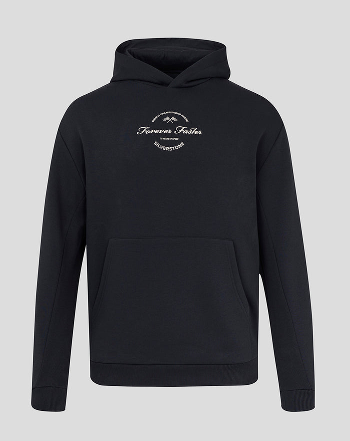 Front view of a dark navy oversized hoodie with a double layer hood and front pocket.
