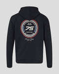 Back view of dark navy oversized hoodie with a large circular 75 Years logo on the back