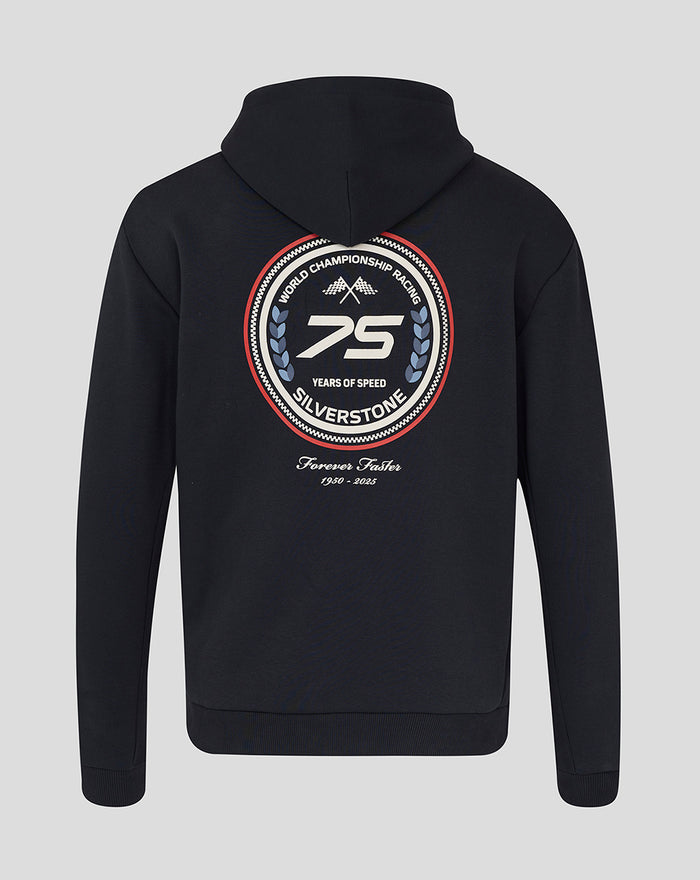 Back view of dark navy oversized hoodie with a large circular 75 Years logo on the back