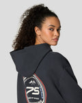 Back view of dark navy oversized hoodie with large round patch depicting 75 years of speed