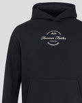 Upper chest and hood visible on a dark navy hoodie featuring a circular Silverstone crest