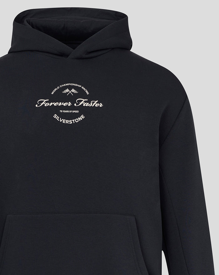 Close-up of the navy hoodie chest showing Forever Faster text and Silverstone crest
