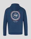 Back view of Sargasso Sea blue oversized hoodie with a large circular 75 Years Silverstone crest