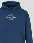 Close-up of the large circular Silverstone crest on the back of the Sargasso Sea blue hoodie