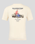 Back view of cream Silverstone Forever Faster T shirt with race car graphic and 75 years of speed text