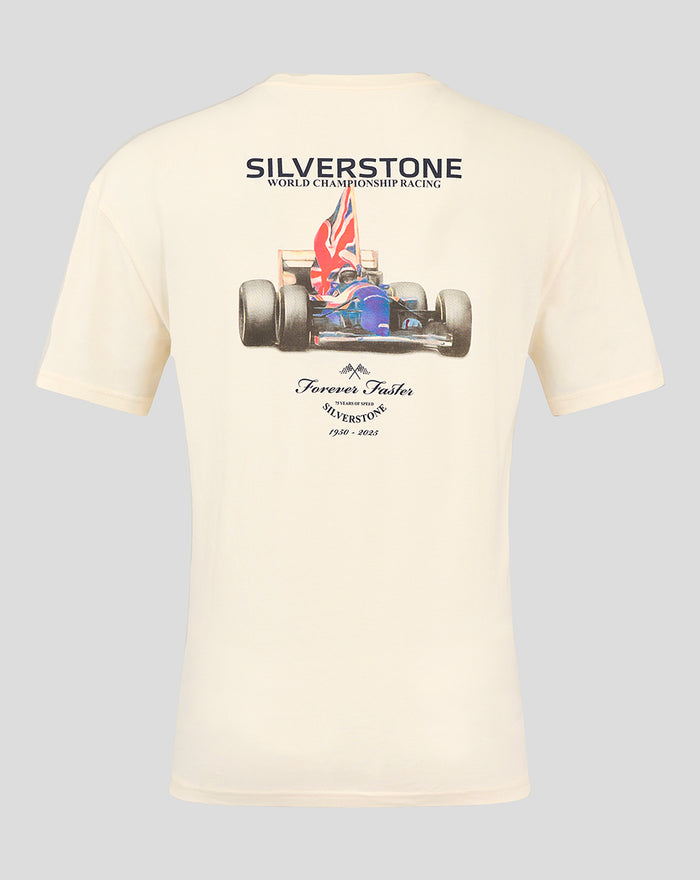 Back view of cream Silverstone Forever Faster T shirt with race car graphic and 75 years of speed text