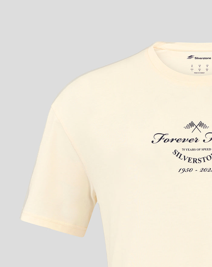 Model wearing cream oversized T shirt with Forever Faster graphic centered on the chest