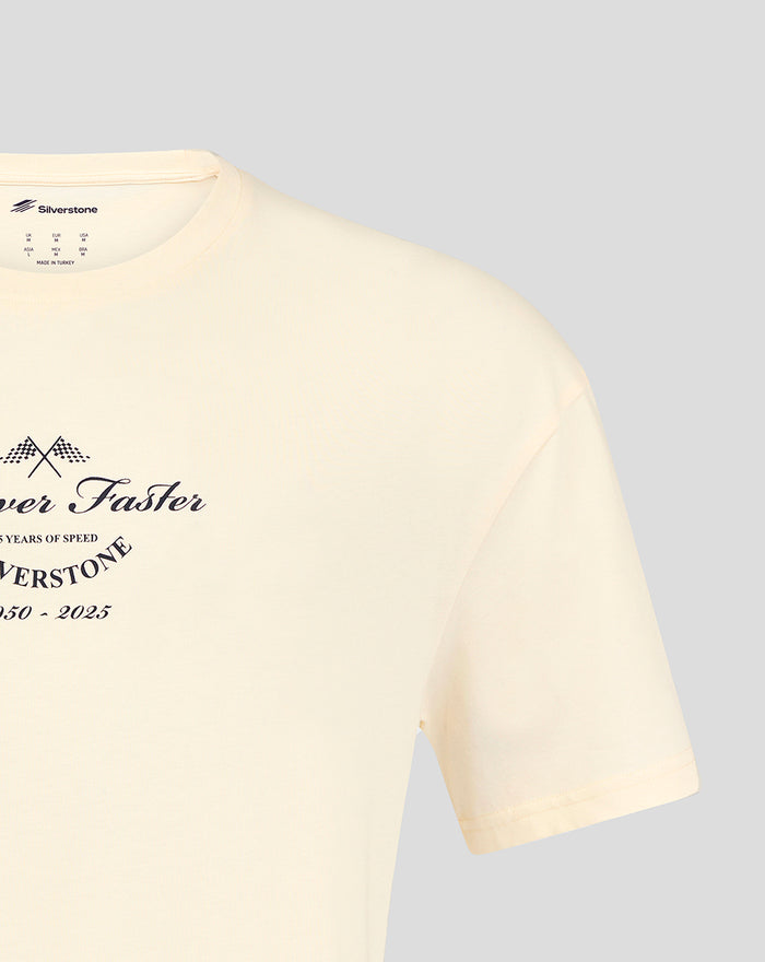 Close up of egret oversized T shirt chest graphic with Forever Faster script and crossed flags