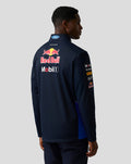 Back view of navy Oracle Red Bull Racing Teamline Soft Shell Jacket with a large Red Bull logo on the upper back and branding on the collar.