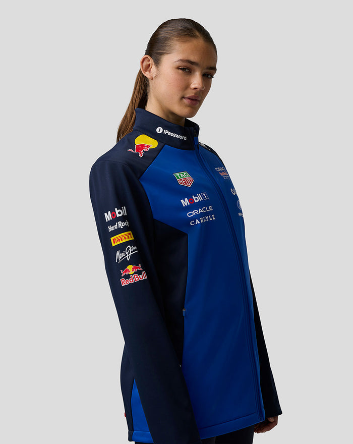 Front angled view of model wearing blue navy Teamline Soft Shell Jacket with multiple sponsor logos on the chest and collar.
