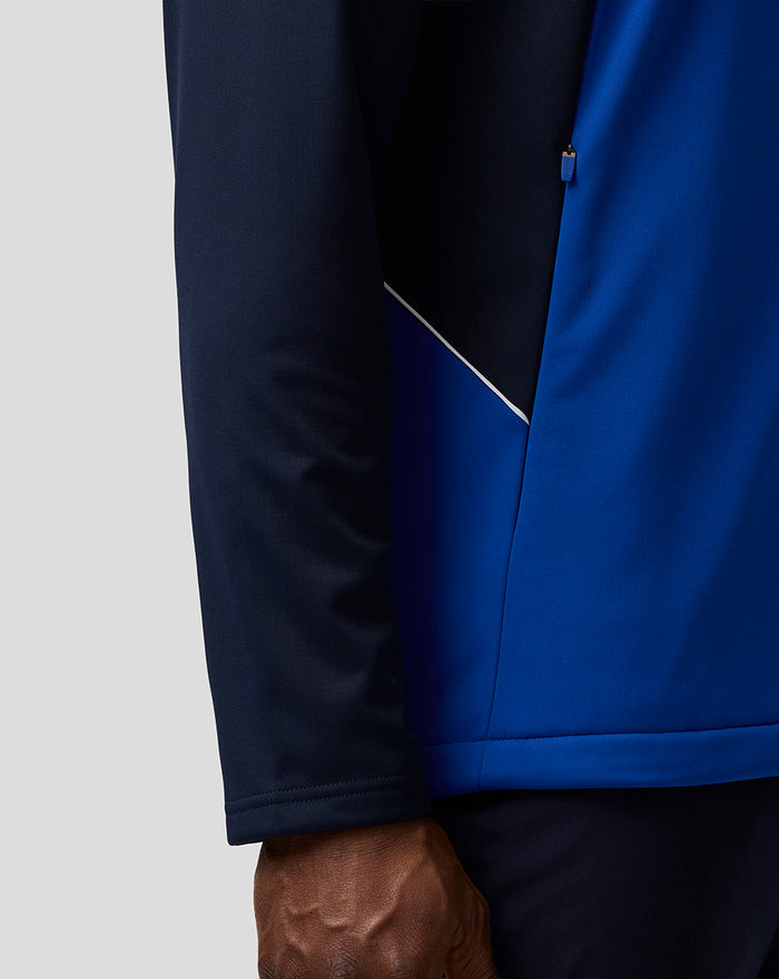Close-up of the jacket side panel with piping detail in navy and blue.