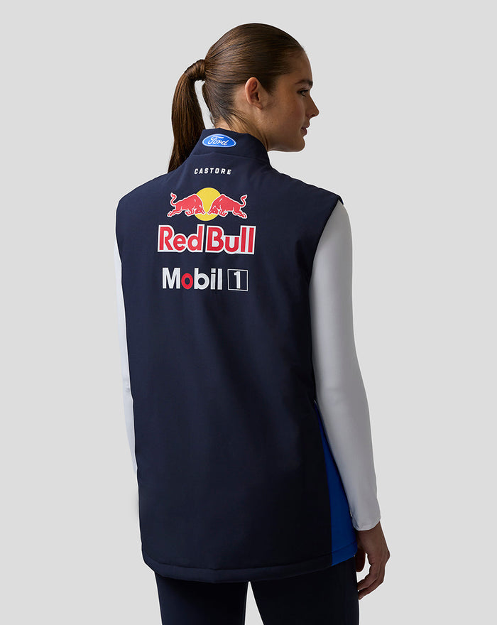 Back view of navy Oracle Red Bull Racing Teamline Gilet with large Red Bull logo and sponsor decals on the back