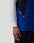 Close up of the blue Teamline Gilet with navy side panels and zip pocket.