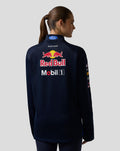 Back view of navy Oracle Red Bull Racing Teamline quarter zip midlayer with large Red Bull logo and Mobil 1 along with Castore branding
