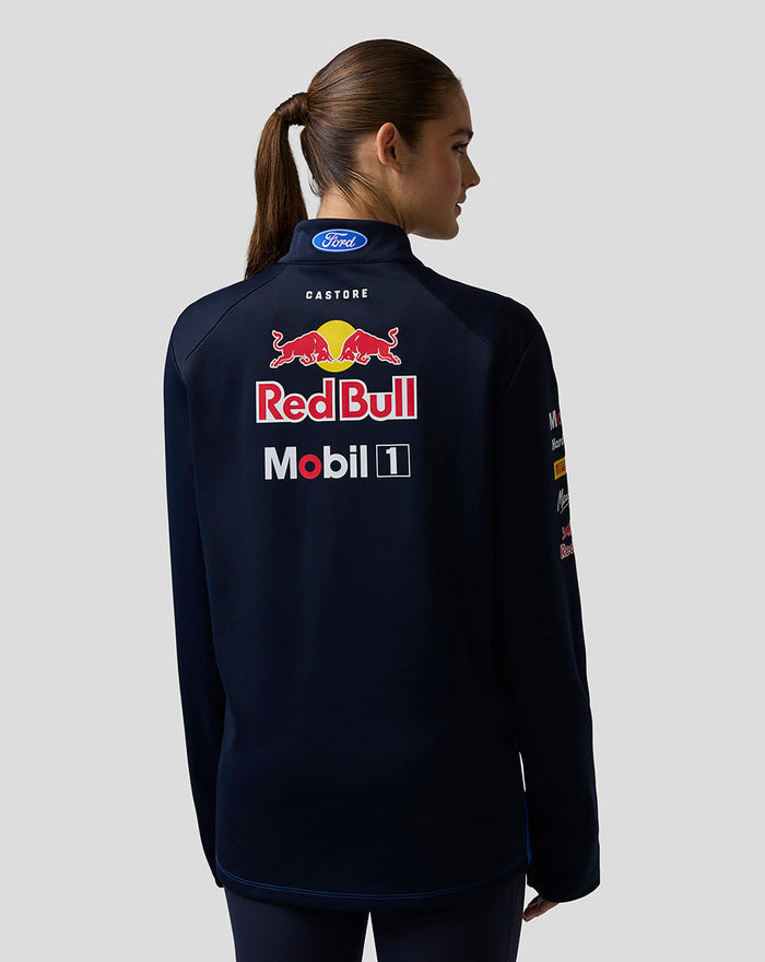 Back view of navy Oracle Red Bull Racing Teamline quarter zip midlayer with large Red Bull logo and Mobil 1 along with Castore branding