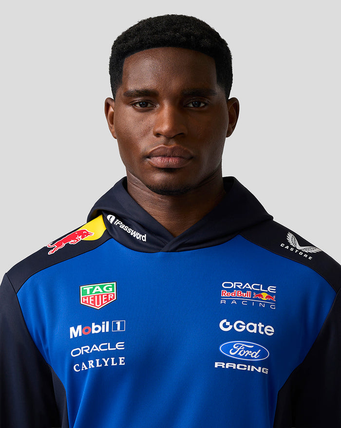 Front view of the teamline hoodie with blue torso and multiple sponsor logos across the chest.